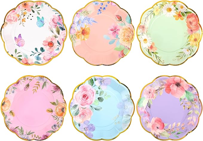 Kochorie 72 Pieces Floral Paper Plates, 9 Inch Floral Tea Party Disposable Plates, Wildflower Scalloped Dessert Plate for Birthday Baby Shower Wedding Garden Afternoon Decorations, 6 Styles