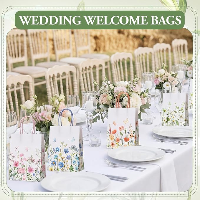 Gaillty 48 Pcs Wildflower Paper Gift Bags 6 Styles, Floral Goodie Bags with Handles Flower Wedding Welcome Bag Bulk for Wedding Bridal Shower Engagement Baby Shower Birthday Spring Tea Party Supplies