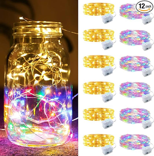 ZGWJ 12 Pack Battery Powered Fairy Lights, Mixed Colors 7Ft 20 Mini LED Silver Wires, 3 Modes for DIY, Party, Wedding, Bedroom, Halloween Christmas Decoration (Warm Colorful)