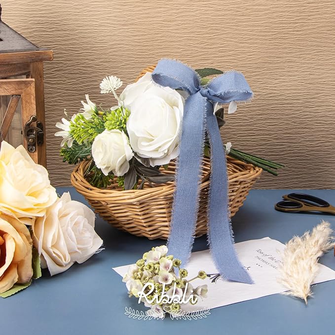 Ribbli 3 Rolls Blue Ribbon 1 Inch x 18 Yards Light Blue Baby Blue Dusty Blue Handmade Cotton Frayed Fringe Ribbons for Gift Wrapping Wedding Invites Bridal Bouquets Baby Shower DIY Crafts Home Decor
