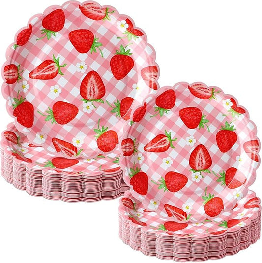 Havawish 60 Pcs Pink Plaid Strawberry Paper Plates Grid Pattern Disposable Plates Party Decoration Fruit Strawberry Summer Party Supplies for Birthday Wedding Baby Shower