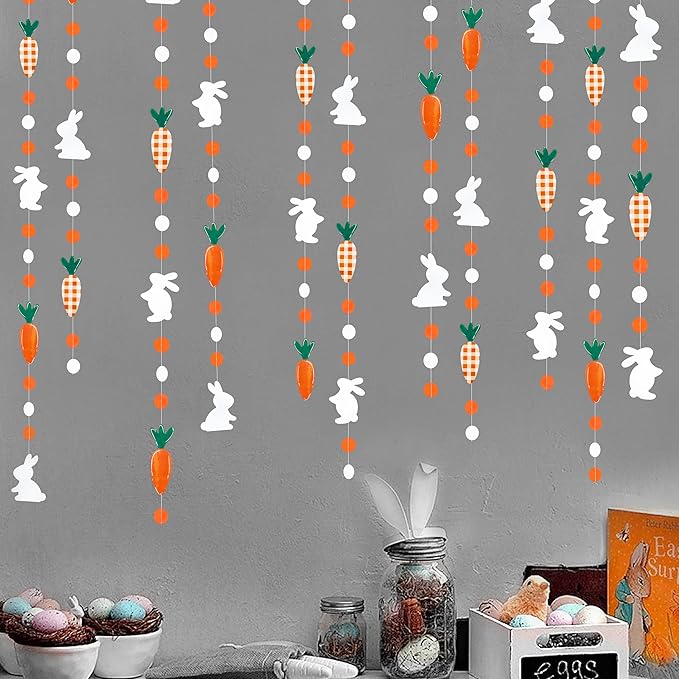 Pinkblume Easter Party Decorations - Bunny Carrot Circle Dot Garland Streamer Hanging Paper Buffalo Plaid Carrot Polka Dot Rabbit Banner for Spring Day Party Supplies