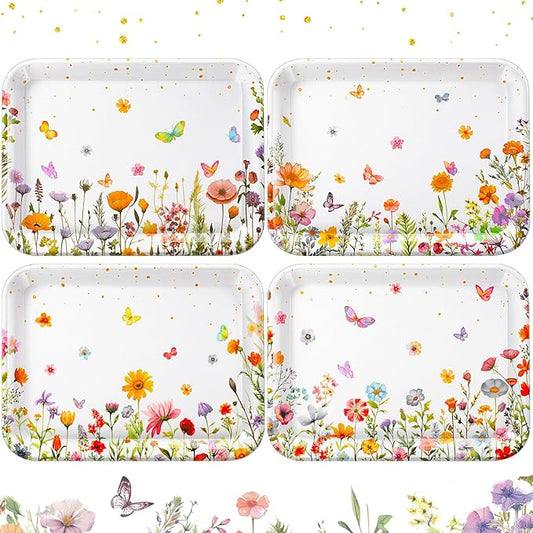 4 Pieces Wildflower Serving Trays Flower Melamine Platters Reusable Rectangle Party Trays for Spring Summer Floral Theme Party Food Dessert Serving Supplies, 13 x 9.7 inch