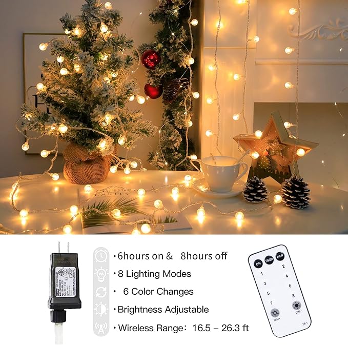 Globe String Lights 49.2 Feet 100 LED, Plug in Crystal Fairy String Lights with Remote Timer, 8 Modes Indoor Outdoor Hanging Globe Lights for Wedding Bedroom Classroom Patio Garden