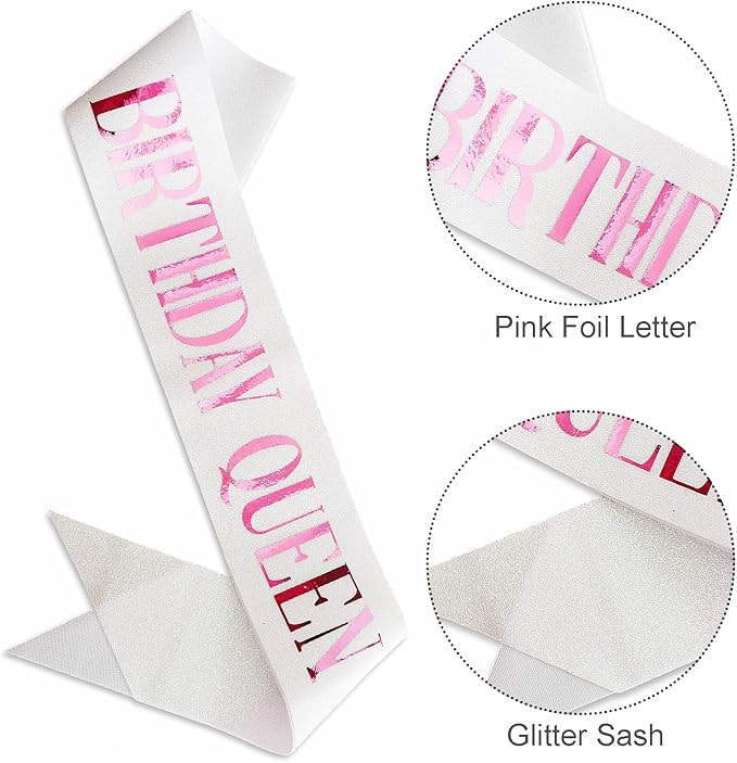 Birthday Queen Sash, Pink Foil Letter Glitter White Birthday Sash for Women 21st 30th 40th 50th 60th Gifts Fun Bday Party Favors Decorations