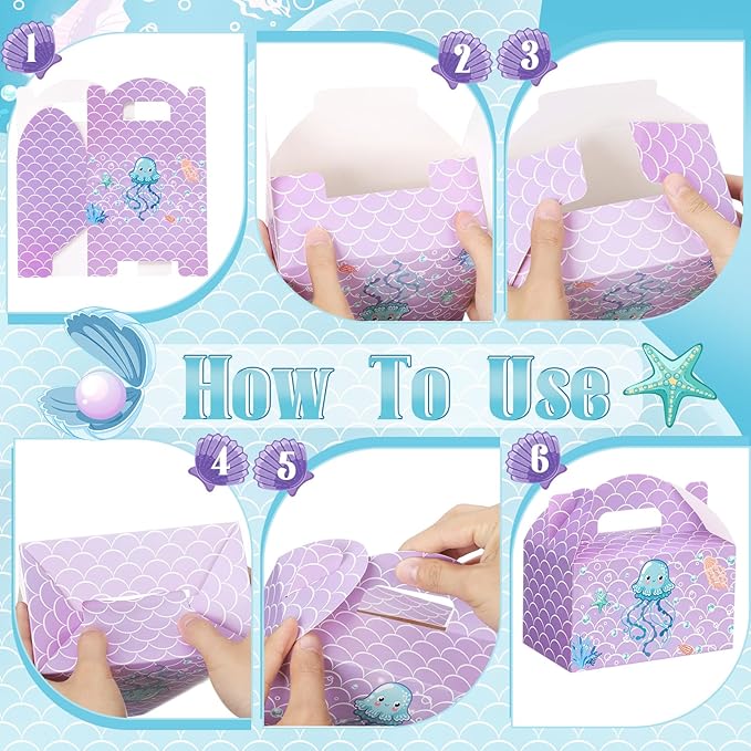 Dunzoom 24 Pcs Mermaid Party Favors Treat Boxes Shell Pearl Mermaid Goodie Bags Candy Gift Bags Ocean Gable Box with Handles for Girls Under The Sea Birthday Party Supplies