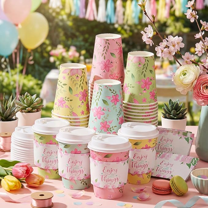 LemonRoad 48 Sets 12 oz Floral Paper Disposable Coffee Cups with Lid, Sleeves, 4 Color Spring Cute Flower Designs Cups Party Supplies for Tea Hot Drink Cold Beverage Cocoa(Colorful Flower)