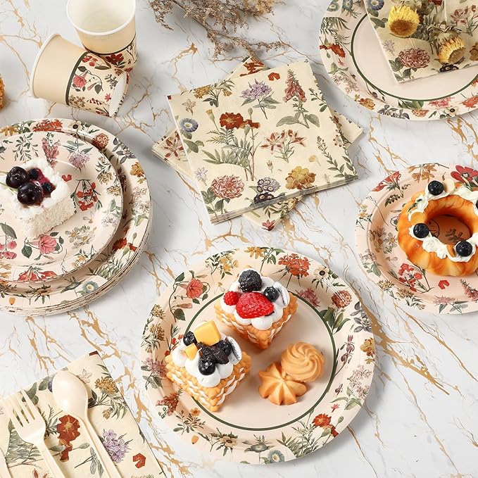 Roshtia Floral Party Supplies Set for 50 Guests - Watercolor Flowers Paper Plates & Napkins, Disposable Dinnerware for Women & Girls Birthday, Vintage Tea Party & Baby Shower Tableware