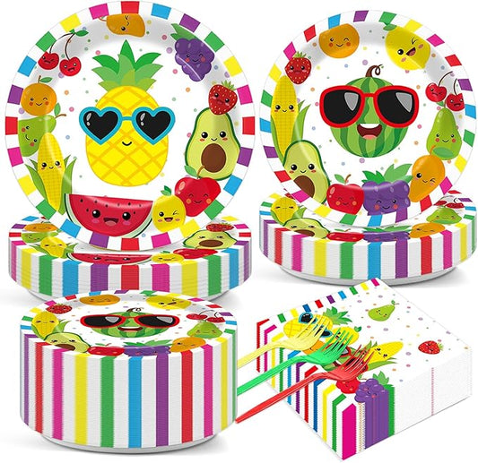 50 Guests Tutti Frutti Party Supplies Fruit Theme Birthday Plates and Napkins Forks Summer Fruit Tableware Watermelon Pineapple Paper Plates for Birthday Baby Shower Party 200PCS