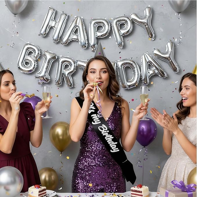 It's My Birthday Sash Black with Glitter Silver Letters Happy Birthday Sash for Women Men Boy Girl Bday Gift Ideas Party Favors