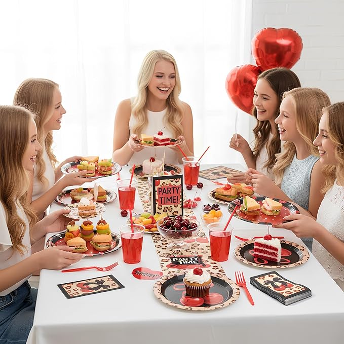 Haooryx Cheetah Cherry Tableware - 96Pcs Red Cherry Bow Leopard Print Decor Red and Black Fruit Themed Disposable Plates Napkins Forks for Girls Birthday Wedding Holiday Party Table Decoration Supply
