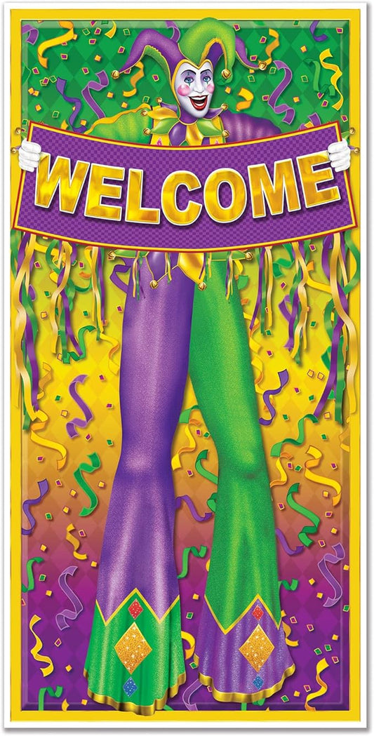 Beistle Mardi Gras Door Cover, 5’ x 30” – Plastic for Indoor & Outdoor Use – Easily Display – Carnival Decor, Mardi Gras Decorations for Party, Green & Purple Welcome Sign