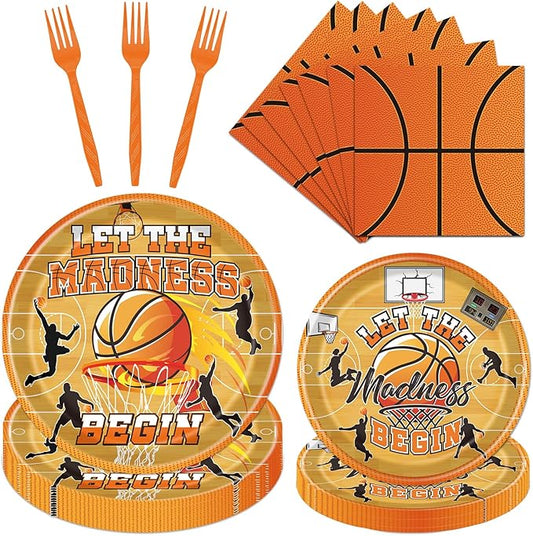 Rakuto March Basketball Party Decorations Tableware, 96PCS Let the Madnes Begin Disposable Paper Plates Napkins Decoration, Ball Sports Theme Birthday Forks Decor for Kids Boys Supplies Serve 24