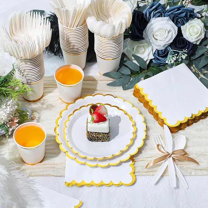 Ziliny 350 Pcs White Plates and Napkins Party Supplies for 50 Guests Wedding Disposable Tableware Include Scalloped Plates Paper Napkin Cup Spoon Fork Knife for Wedding, Birthday