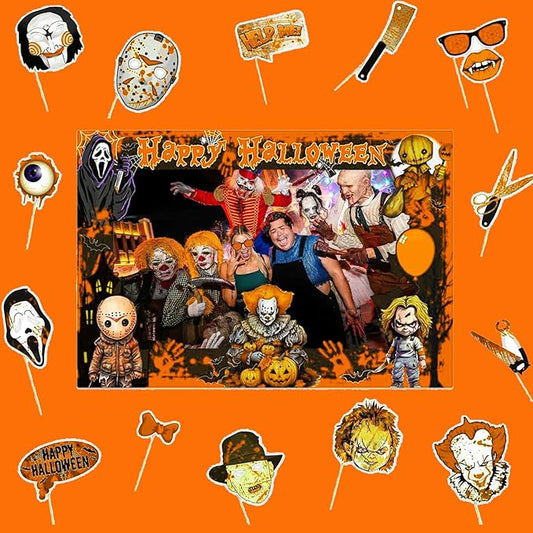 Halloween Photo Booth Props Kit – 16 Pcs Party Selfie Frame and Photo Props for Indoor Outdoor Decorations, Pumpkin Ghost Bat Designs for Halloween Events (Orange)