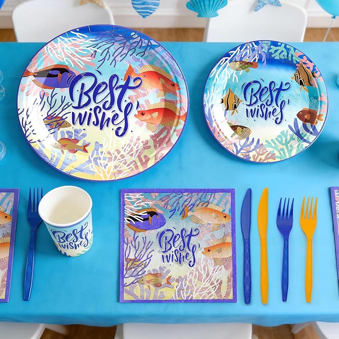 144Pcs Under the Sea Animal Birthday Party Supplies Decorations Paper Plates Napkins Vintage Party Tableware Disposable Tropical Ocean Dinnerware Set for Kids Birthday Baby Shower Table Decor Serve 24