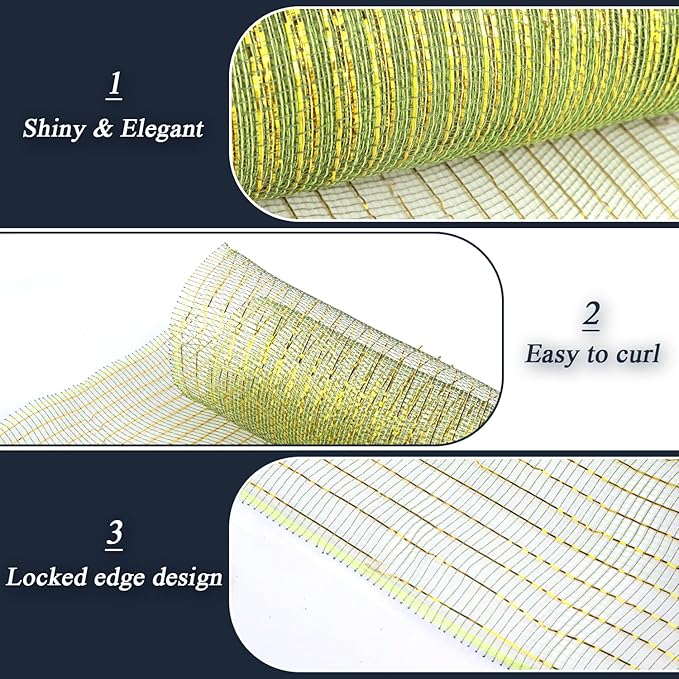 2 Pcs Moss Green Deco Mesh Ribbon Rolls 10 Inch 10 Yards(30 ft) Decorative Mesh Fabric with Foil for Wreaths Christmas Tree Ribbon Door DIY Craft Halloween Decor Wedding Party Supplies (Moss Green)