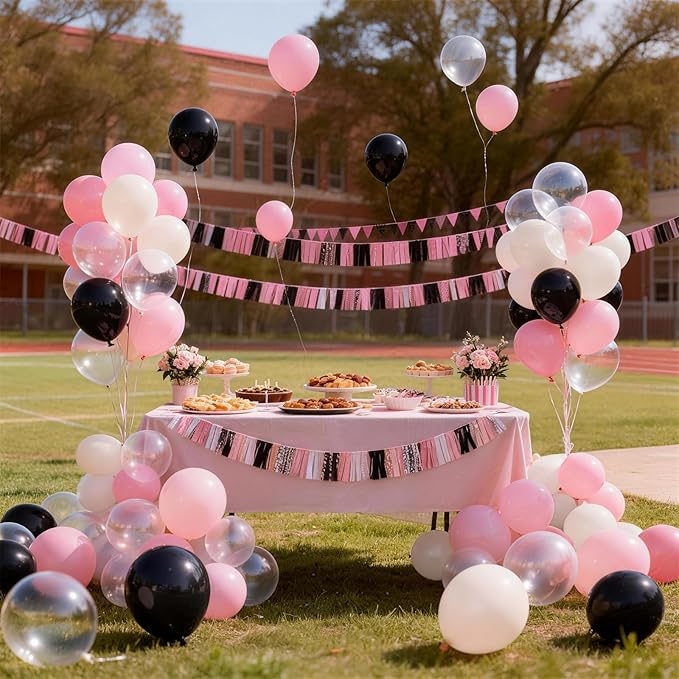 Black and Pink Balloons Set, Black White Clear Double Pearl White Pastel Pink Latex Balloons Set for Girl Women Bridal Baby Shower Wedding Valentines Sweet 16 Princess Birthday Party Decorations