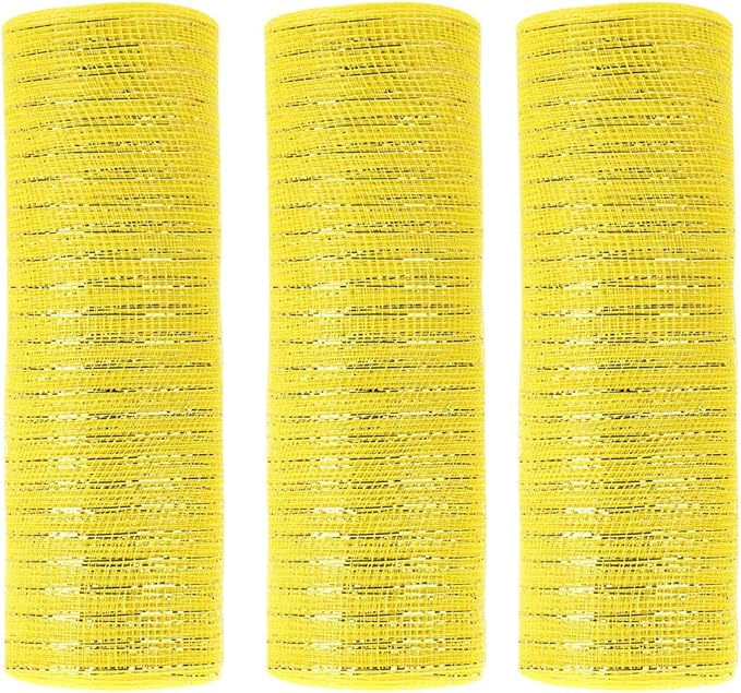 3 Rolls Yellow Deco Mesh Ribbon for Wreath Making Supplies, 10 Inch x 30FT Metallic Foil Burlap Deco Mesh Fabric for Easter Christmas Tree Fall Thanksgiving Wreath Swags and Decorating