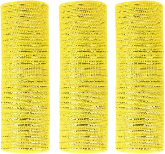 3 Rolls Yellow Deco Mesh Ribbon for Wreath Making Supplies, 10 Inch x 30FT Metallic Foil Burlap Deco Mesh Fabric for Easter Christmas Tree Fall Thanksgiving Wreath Swags and Decorating