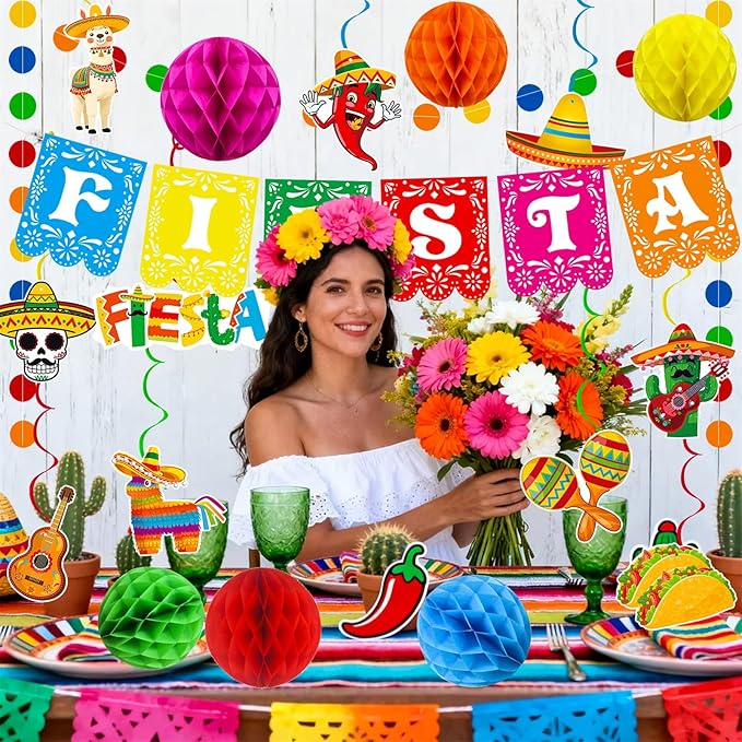 Fiesta Party Decorations Mexican Fiesta Banner Garland Hanging Swirls Honeycomb Balls Set for Cinco De Mayo Taco Mexican Theme Birthday Party Decor
