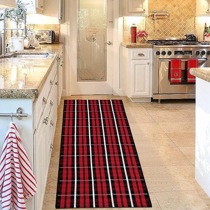 Christmas Front Door Mat Outdoor 2'X4.3', Red Buffalo Plaid Porch Rug Machine Washable Kitchen Rug Entryway Carpet Layered Door Mats Indoor/Outdoor Cotton Area Rug Runner for Bedroom
