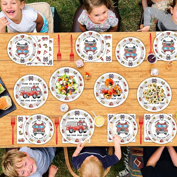 100Pcs Firetruck Birthday Party Decorations Watercolor Firefighter Plates and Napkins Little Blue Truck Birthday Dinnerware Fire Truck Supplies Fireman Tableware for Kids Baby Shower Decor Serves 25