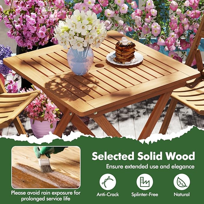 Tangkula 29.5-Inch Square Patio Dining Table, Solid Wood Folding Outdoor Bistro Table with Teak Painting & 2" Umbrella Hole, Outdoor Dining Table for Balcony, Deck, Porch, Backyard