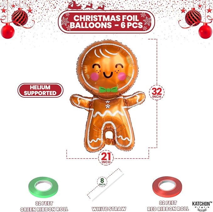 KatchOn, Big Merry Christmas Gingerbread Balloons - Pack of 6 | Gingerbread Man Balloon for Christmas Decorations | Foil Balloons for Xmas Decorations Indoor | Xmas Party Decor