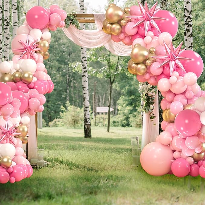 161pcs Pink Balloons Arch Kit, Pastel Macaron Pink and Gold White With 3pcs Starburst Foil Balloons for Birthday Baby Shower Bridal Shower Wedding Valentine’s Party Decorations