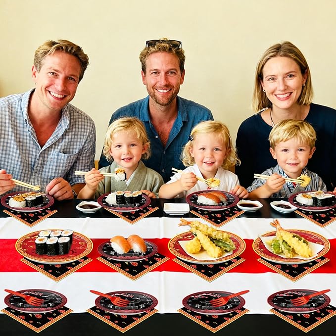 Qyeahkj 100 Pcs Hibachi Party Supplies Paper Plates and Napkins Set Disposable Japanese Tableware Decorations for Spring Festival Japanese Hibachi Theme Chinese Party Favor Baby Shower Serve 25 Guests