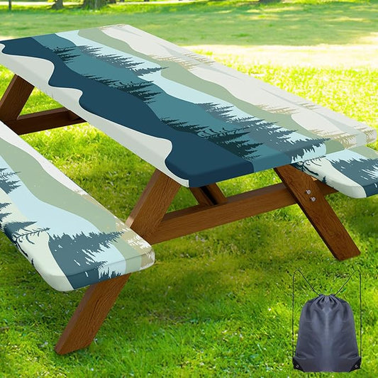 Smiry Picnic Table Cover with Bench Covers, Waterproof Elastic Fitted Tablecloth for 5 Foot Tables, Washable Polyester Tablecloths for Camping, Indoor & Outdoor (Green Blue, 30x60 Inch 3-pc Set)