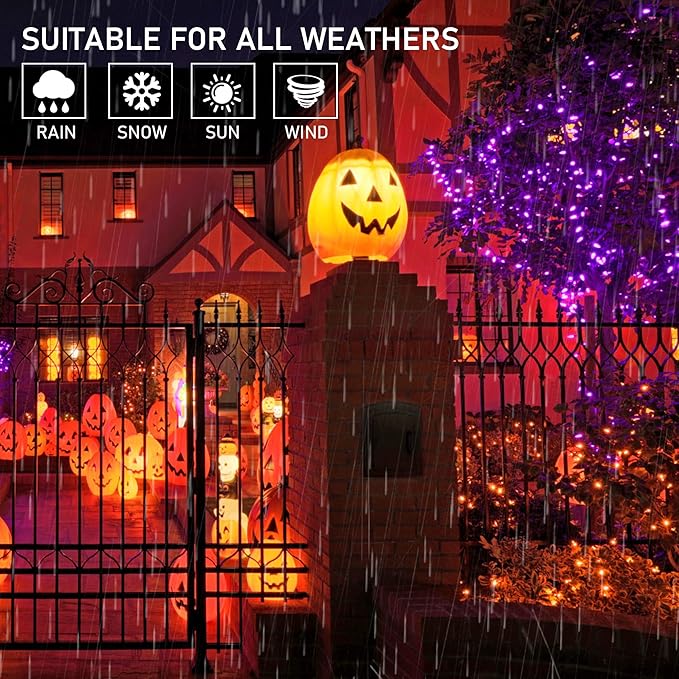 weillsnow Purple&Orange Halloween Lights, 200 LED 66Ft Plug in Waterproof Halloween String Lights, 8 Modes with Memory for Outdoor Indoor Garden Halloween Christmas Decorations (Orange&Purple, 66FT)