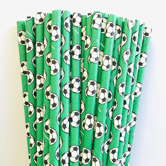 100 pcs Sports Party Paper Straws, Green Black White Soccer Football Bar Soda Juice Drinking Straws, Kids Boy Birthday Baby Shower Game Day World Cup Ball Cake Pop Sticks (Green With Soccer)
