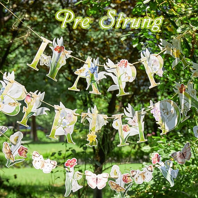 SUNBEAUTY Wildflower Butterfly Happy Birthday Banner Spring Floral Birthday Decorations Pre-Strung Butterfly Flower Garden Decor for Girls Women Baby Shower Wedding Tea Party