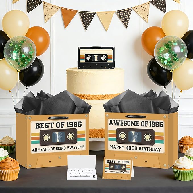 40th Birthday Gift Bag for Men Women Retro Tape 1986 Birthday Party Favor Bags with Tissue Paper and Card Brown Vintage Cassette 40 Years Old Gift Wrapping Bag Decorations for Mom Dad Friends Gifts