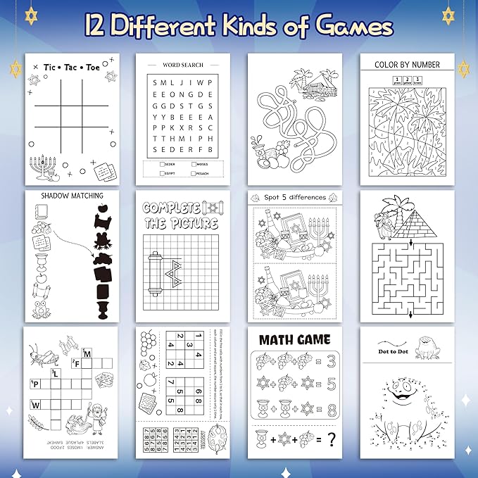 Passover Activity Books for Kids - 24Pcs Happy Passover Mini Games Coloring Book Set Bulk Mazes Word Search Word Scramble Games for Jewish Pesach Seder Holiday Party Classroom DIY Art Gifts Favors