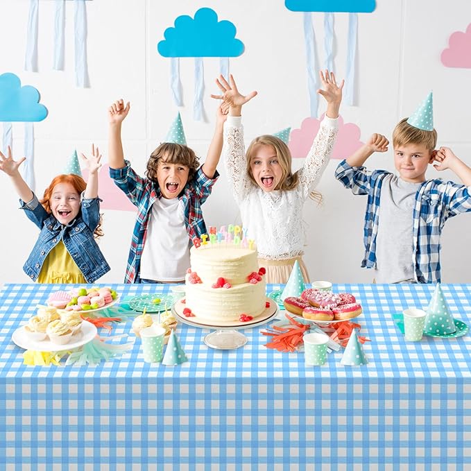 12Pack Light Blue and White Plastic Checkered Tablecloth, Premium Decorative Disposable Light Blue Gingham Plaid Tablecloth for Party, Rectangle Party Table Cover for Picnic Farm Birthday, 54x108 Inch