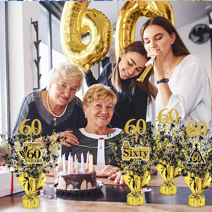 Tatuo 4 Pcs Metallic Foil Spray Centerpiece Happy 30th 40th 50th 60th Years Centerpiece Table Decorations for Black and Gold Birthday Anniversary Wedding Party Table Decor(60th Birthday)