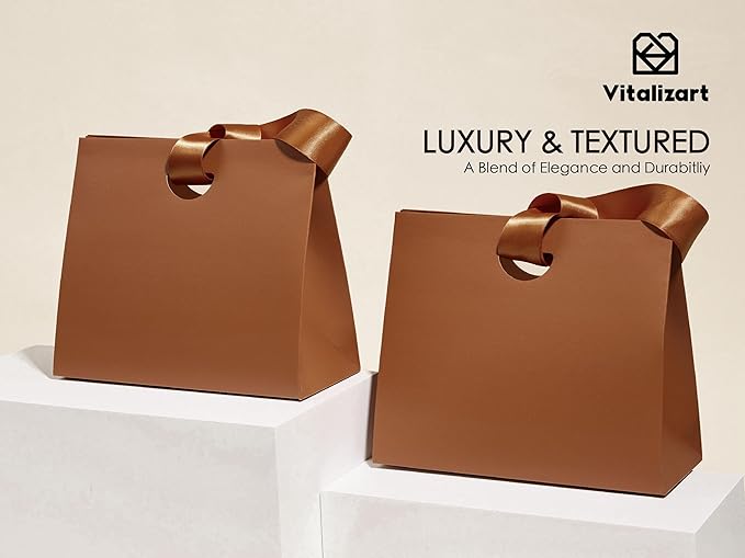 Vitalizart Paper Gift Bags With Ribbon Handles Set of 10 Brown Bulk Reusable For Gift Wrap Girls Kids Birthday Bridal Shower Party Favors Goodie Bags Candy Toys Christmas 7.87"x3.54"x7.09" Small Size