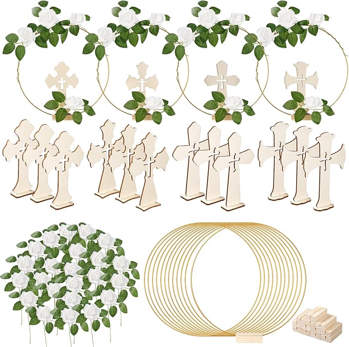 48 Pcs Baptism Centerpieces for Tables - Baptism Table Decorations - 12 Wood Crosses, 12 Metal Floral Hoops with Stands, and 24 Foam Roses - Garland Strands Kit for Baptism Party, Wedding Decor