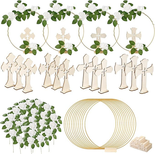 48 Pcs Baptism Centerpieces for Tables - Baptism Table Decorations - 12 Wood Crosses, 12 Metal Floral Hoops with Stands, and 24 Foam Roses - Garland Strands Kit for Baptism Party, Wedding Decor