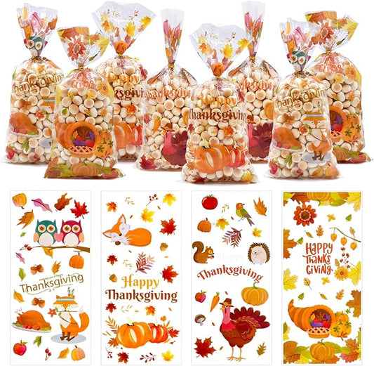 Pedenty 160 Pcs Thanksgiving Cellophane Treat Bags – 4 Fall-Themed Candy Bag Designs with Ties – Autumn Party Favor Goodie Bags for Thanksgiving Party, Classroom Exchange, or Holiday Treats