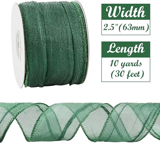 HUIHUANG Dark Green Wired Ribbon 2.5 inch Metallic Crinkle Green Wire Ribbon for Christmas Tree, Bows Making, Wreath Making Supplies, Gift Wrapping, Holiday Home Decor, DIY Crafts -10 Yards