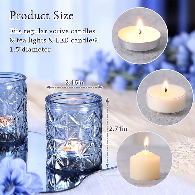 12 Pack Blue Votive Candle Holders, Vintage Blue Candle Holders, Tealight Candle Holder for Wedding Table Centerpieces, Bridal Shower, Home Decor, Birthday, Party Table Decor