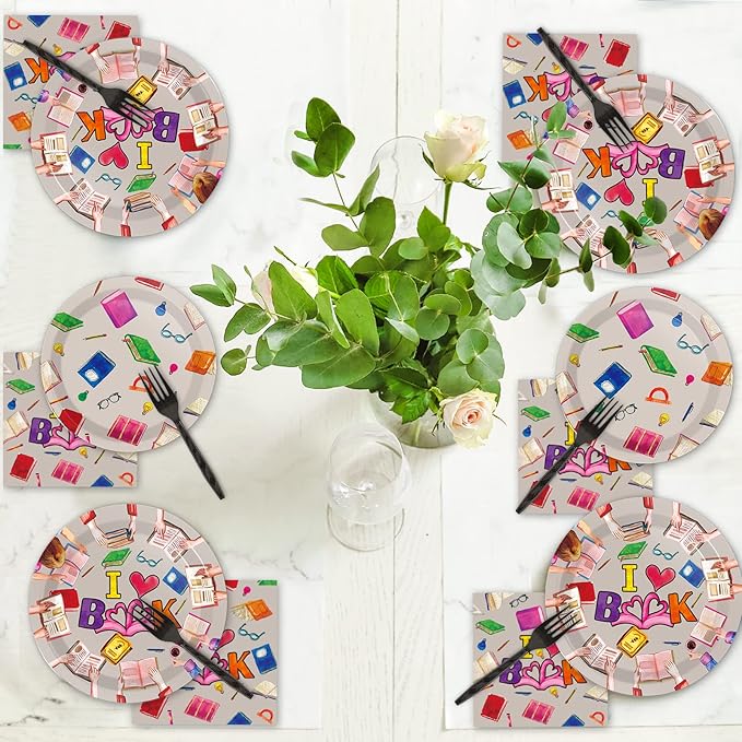 Wiooffen 96 Pcs Book Club Birthday Party Plates Napkins Tableware Set Back to School Party Supplies Disposable Dinnerware Books Decoration Favors for Library Reading Party Table Decor, 24 Guests