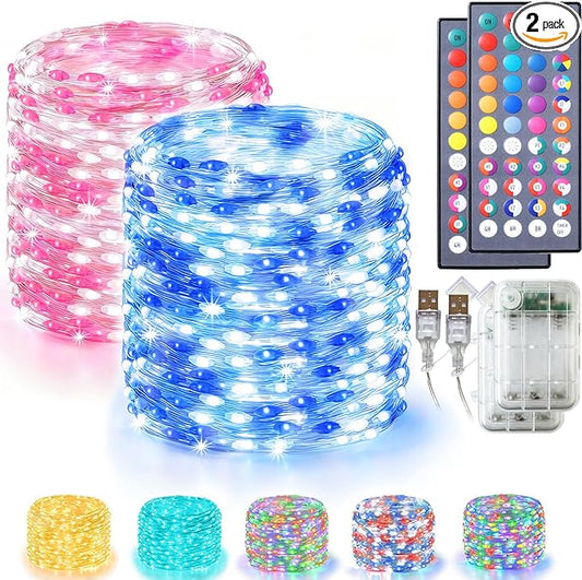 Lovelite Fairy Lights 34 Colors Changing, 2 Pack Total 40FT 120LED 4th of July String Lights Battery USB Operated, Waterproof Twinkle Lights with Remote for Holiday Wedding Party Indoor Outdoor