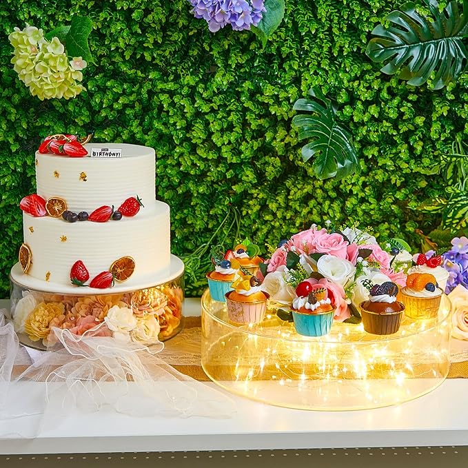 Sintuff 3 Pcs Acrylic Cake Stand with LED Lights 12‘’, 14‘’, 16‘’ Clear Fillable Cake Riser Round 3 Tier Case Box for Wedding Birthday Holiday Party Food Display, 3 Sizes