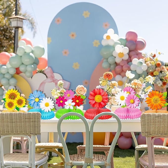 9Pcs Colorful Daisy Flower Honeycomb Centerpieces, Floral Table Toppers, Spring Summer Decor for Birthday Baby Shower Wedding Garden Tea Pool Luau Party Supplies