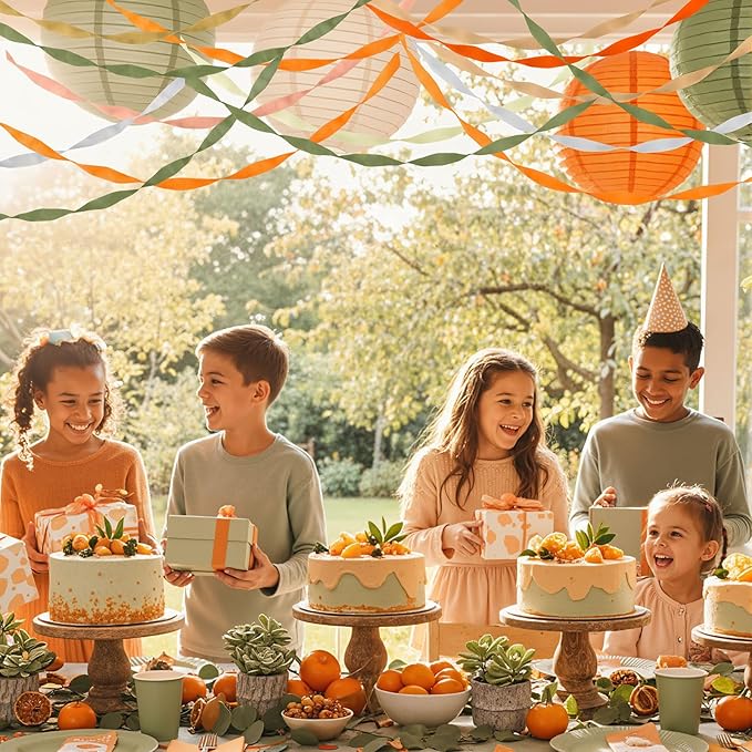 Epakh 12 Rolls Sage Green/Orange Crepe Paper Streamers (984ft) - Little Cutie Baby Shower Party Decorations, Natural Birthday Supplies, Sage Green and Orange Baby in Bloom Theme Party Decor